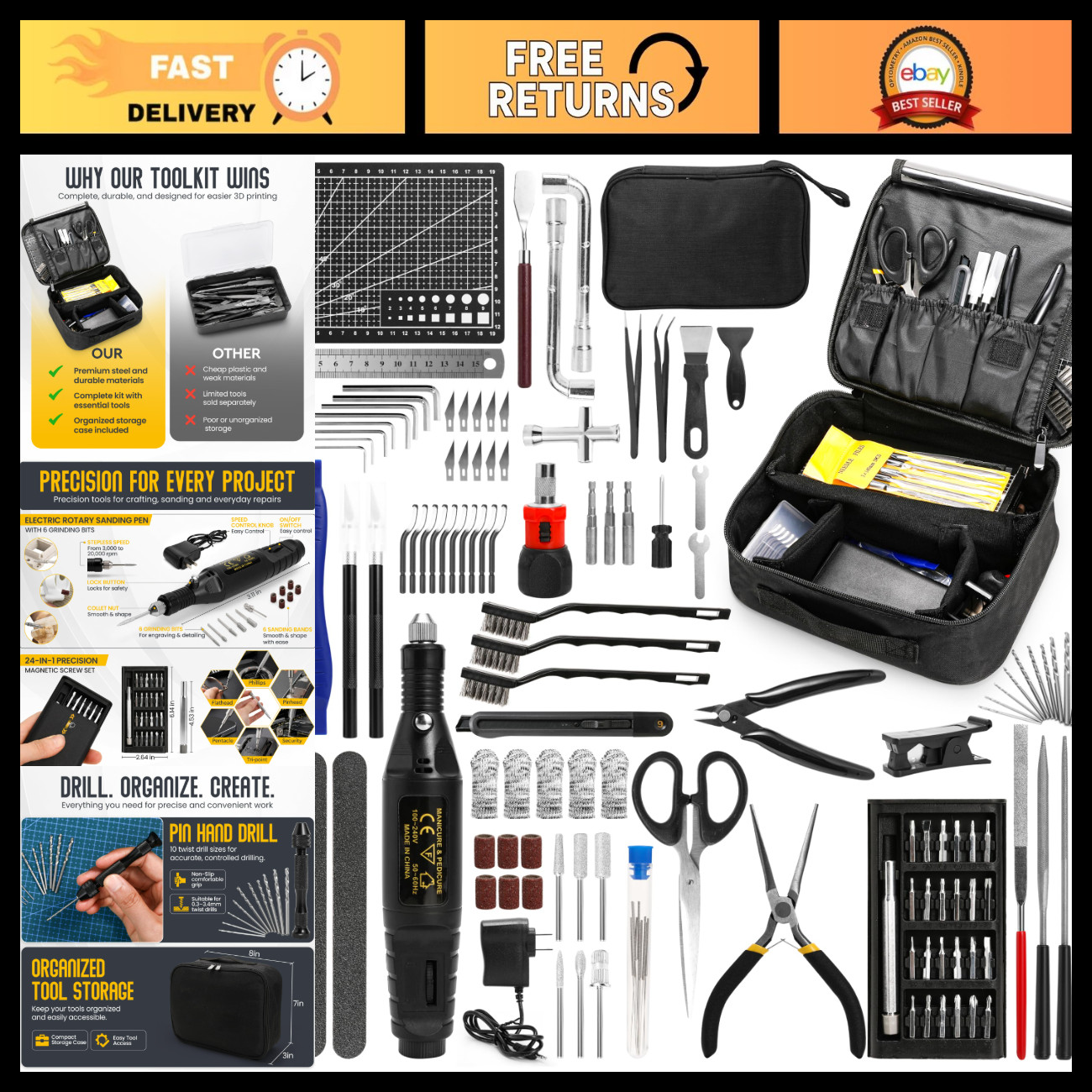 Complete 3D Printing Tool Kit - 124 Pcs Accessories, Nozzle Cleaning, Deburring