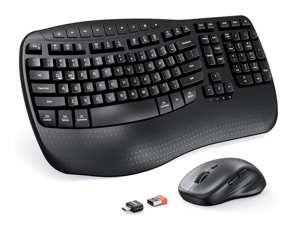 MEETION Wireless Ergonomic Keyboard Mouse Combo Wave Keys Wrist Rest