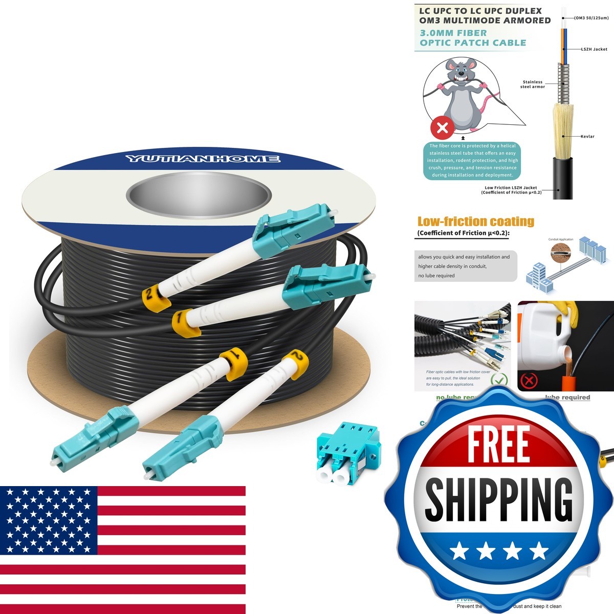 YUTIANHOME 50M Armored Fiber Patch Cable OM3 LC to LC Multimode 50/125um