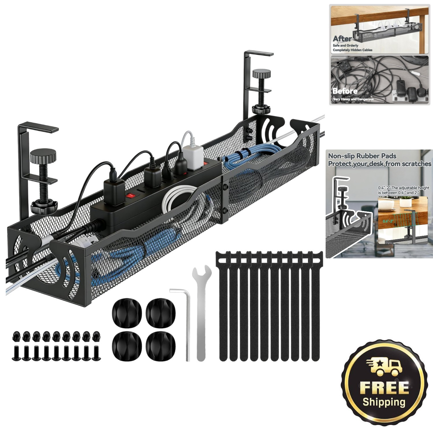 Durable Black Cable Management Tray with Easy Clamp Installation - Modern Look