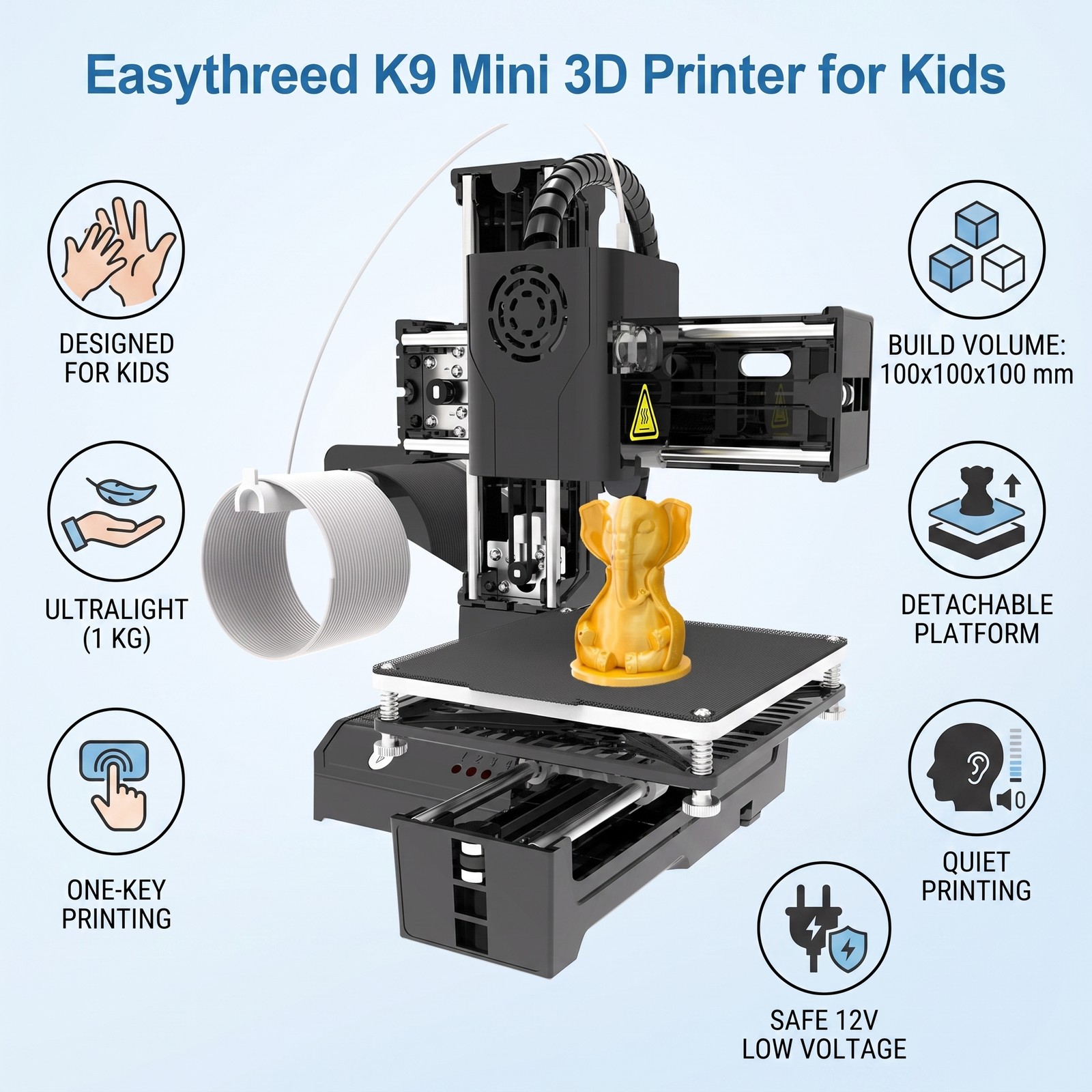 EasyThreed K9 FDM Mini 3D Printer for Kids Beginners One Key Print Silent