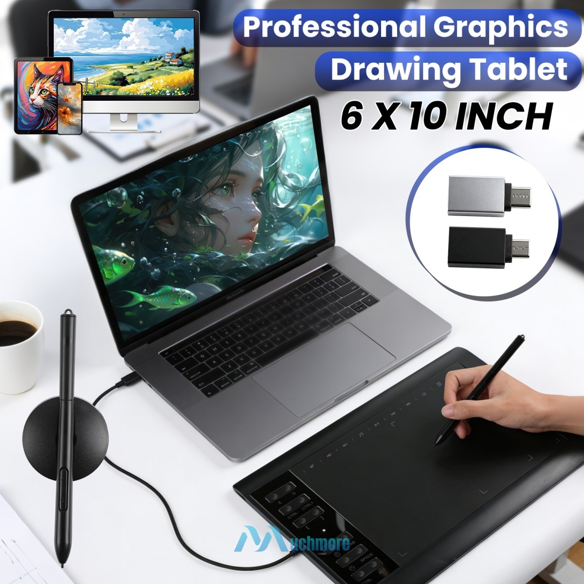 Digital Graphics Drawing Tablet 10x6in Large Working Area with Battery-free Pen