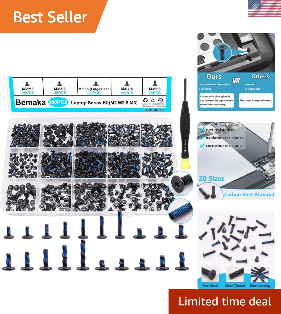 500PCS Laptop Screws Notebook Computer Screws Kit 20 Sizes Blue Nylok Screws ...