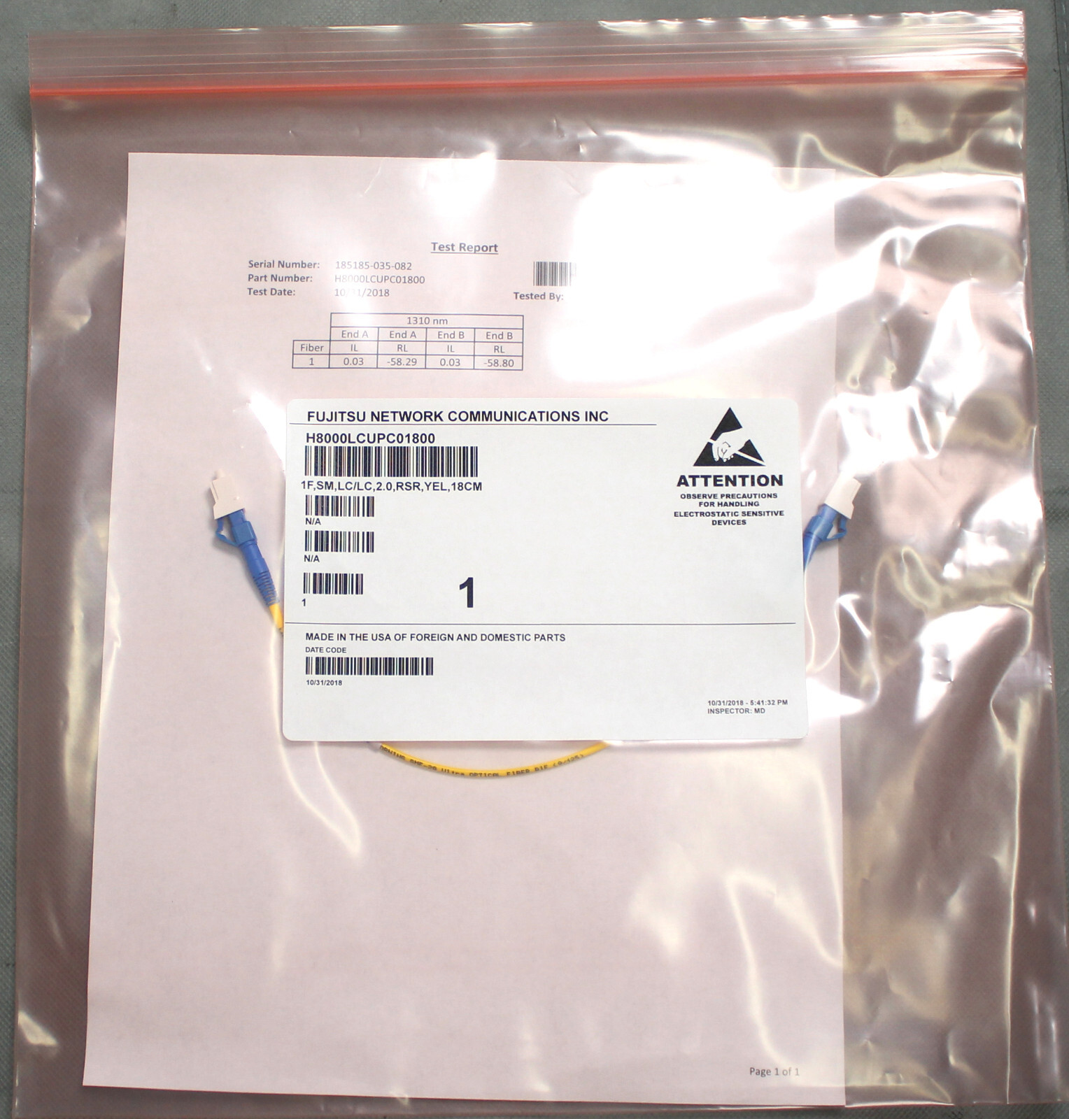 FUJITSU NETWORK COMM H8000LCUPC01800 FIBER CABLE 1F,SM,LC/LC,RSR,YEL,18CM