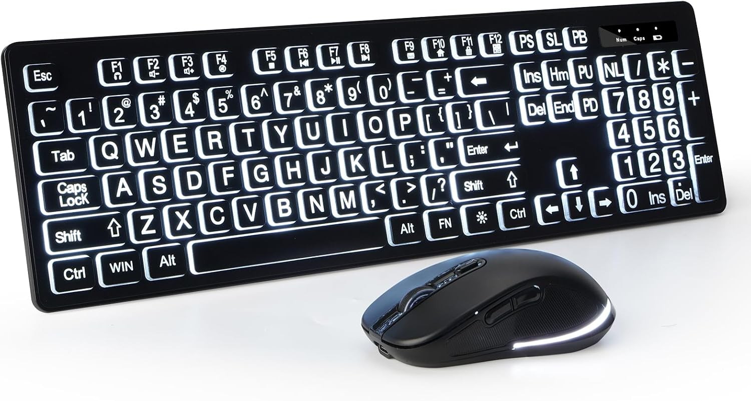Large Print Backlit Wireless Keyboard and Mouse, 2.4G Full Size Keyboard and Mou