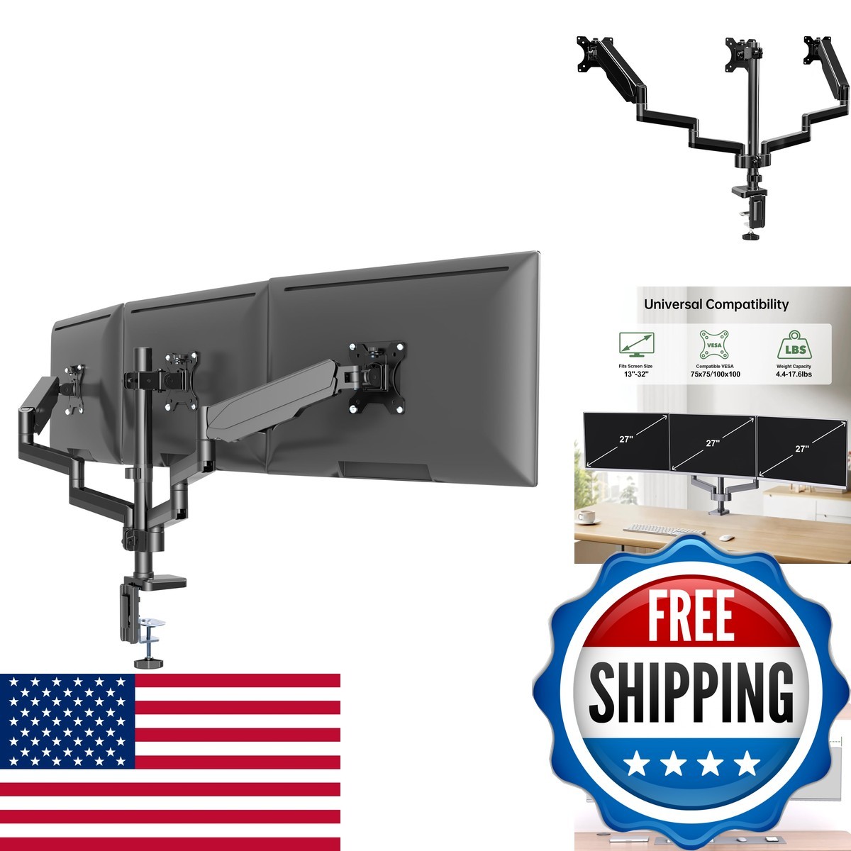UPGRAVITY Gas Spring Triple Monitor Desk Mount For Screens Up To 27 Inch