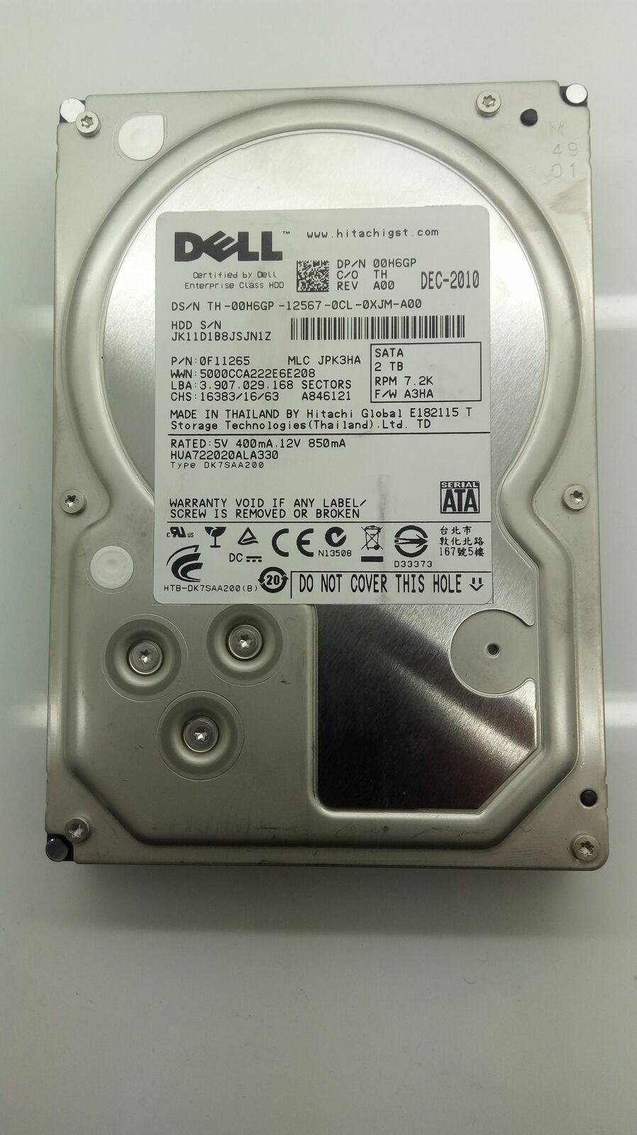 Dell 2TB 7.2K RPM SATA HDD - HUA722020ALA330 00H6GP PN:0F11265
