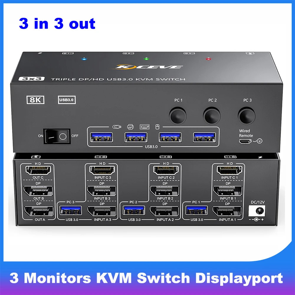 AIMOS KVM Switch 3 Monitors 3 PCs HDMI DisplayPort 4K 8K 4 USB 3.0