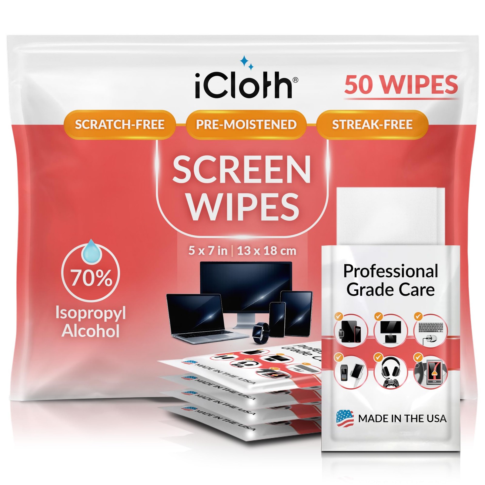 iCloth 70% Isopropyl Alcohol Large Screen and Electronics Wipes, Lint-Free, S...