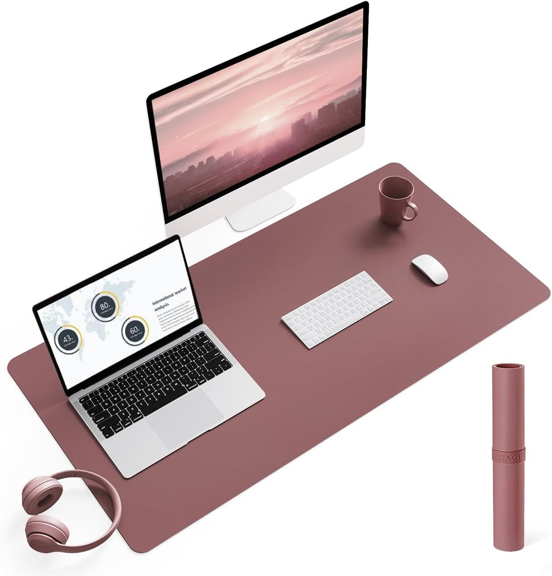 Large Non-Slip Leather Desk Pad - Waterproof Mouse Mat in Dark Pink 35.4" x 17"