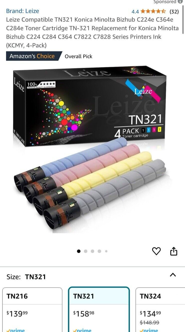 4PK BCMY Toner Cartridge Set for TN321 Konica C224/284/364/7822/7828 Sealed