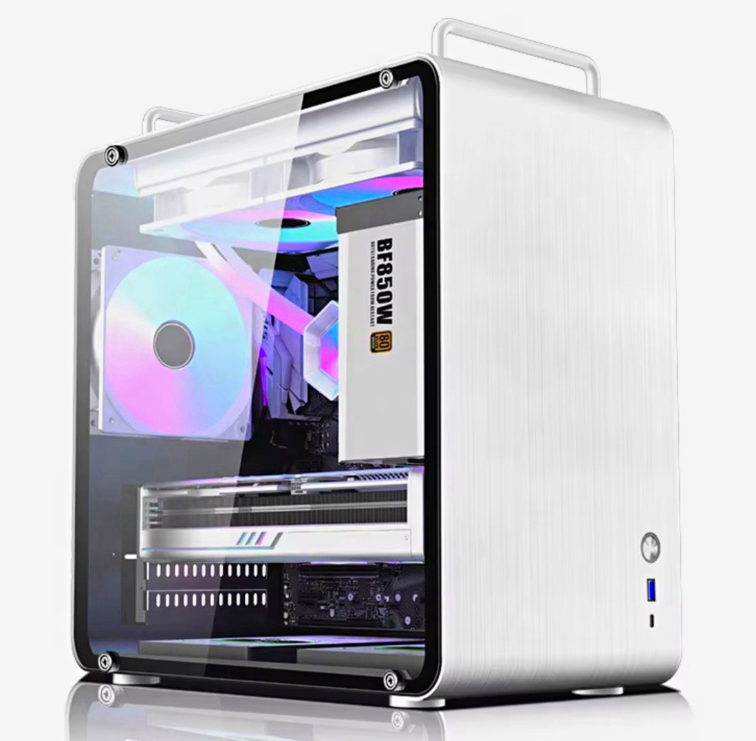 Silver Aluminum PC Computer Case w/ Tempered Glass Side Panel, Handle, USB