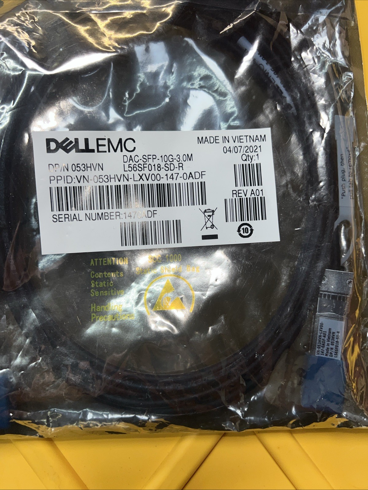 Dell 53HVN L56SF018-SD-R DAC-SFP-10G-3M SPF+ 10GbE 3M Twinax Cable New Sealed