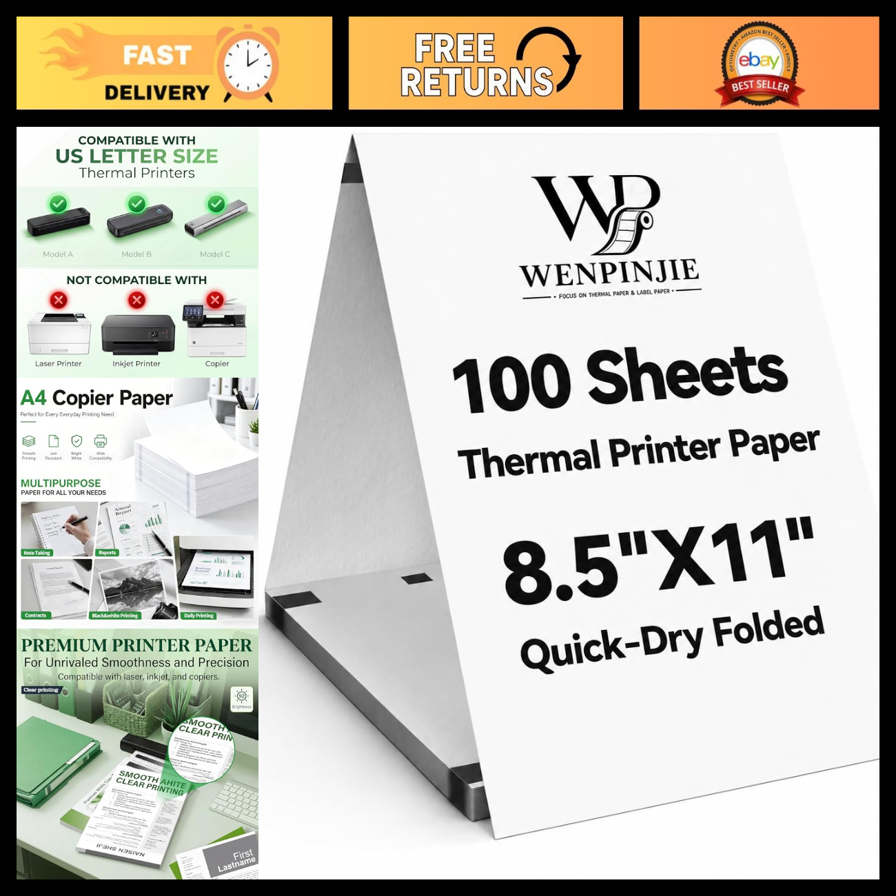 Thermal Printer Paper 8.5"x11" US Letter Size, BPA Free, 100 Sheets for Printing