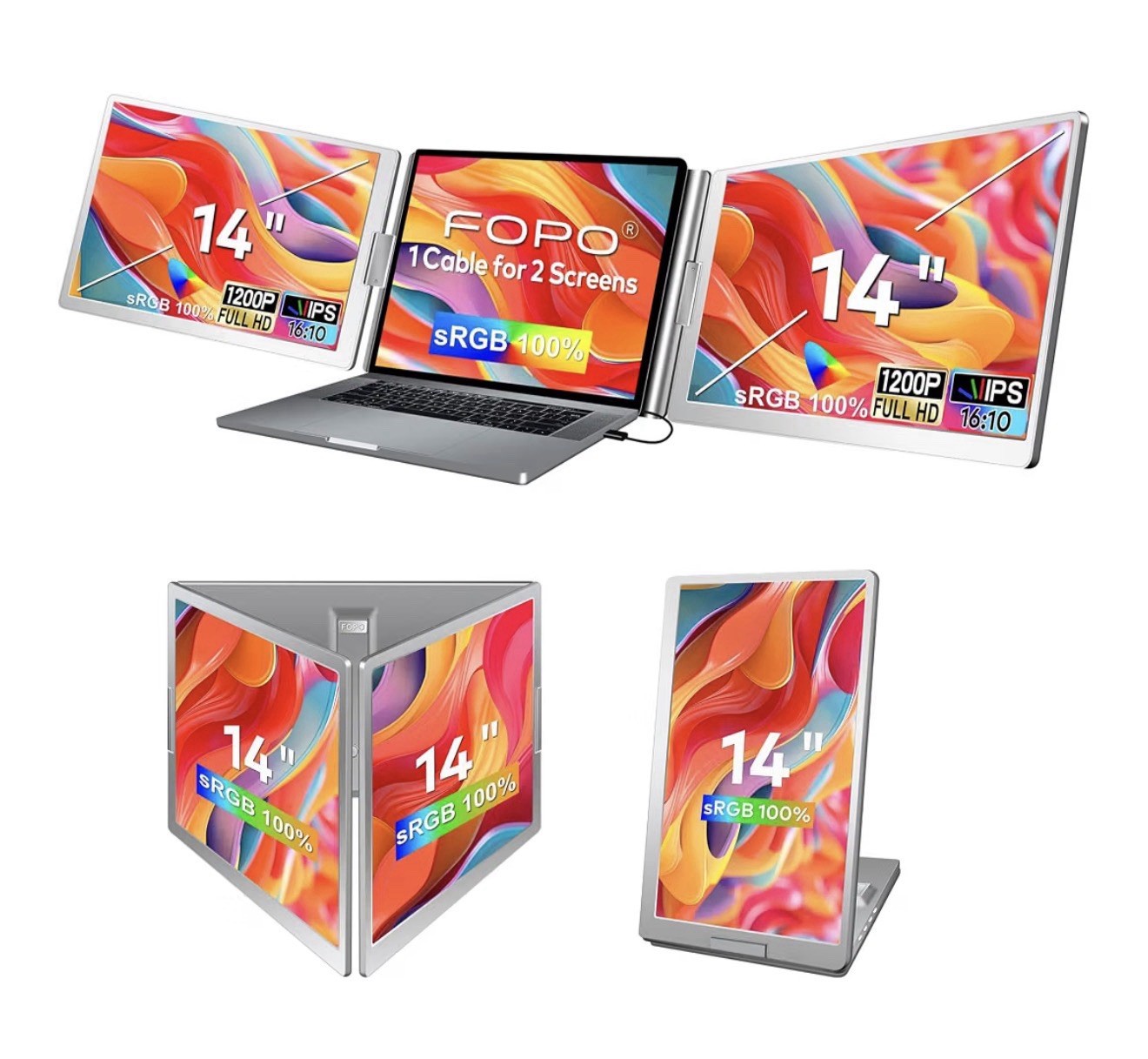 14" Triple Monitor Laptop Screen Extender, FHD 1200P 16:10  for 12-16.5" Laptops
