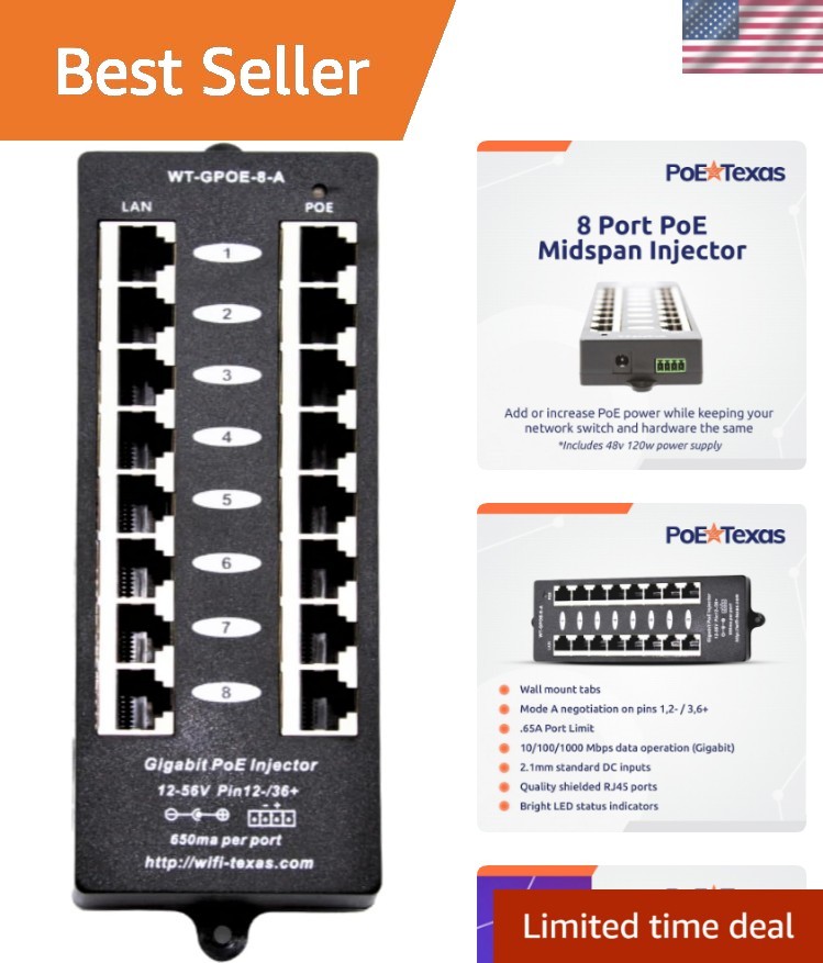 Advanced 8-Port PoE Injector with 48V Power Supply - Ideal for Cameras & Phones