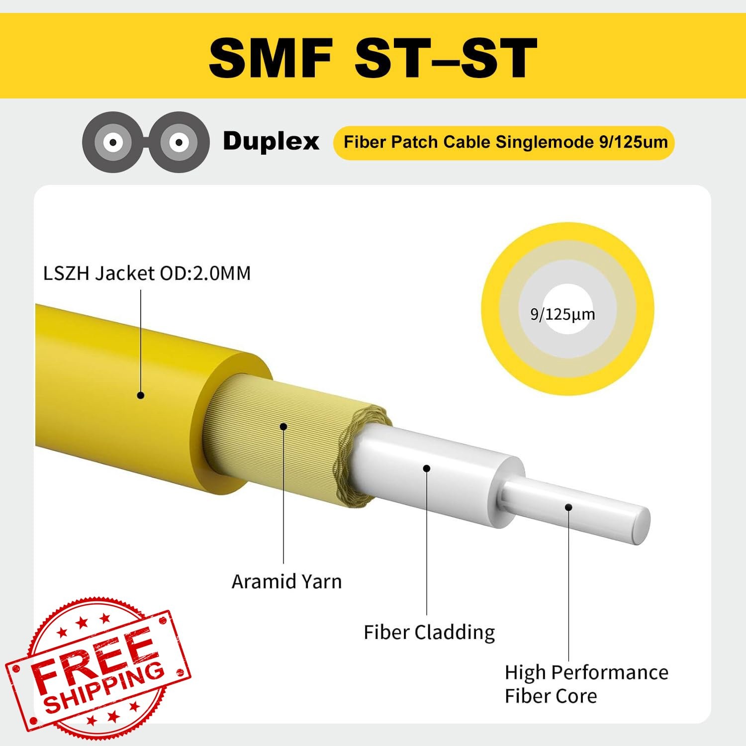 FiberPrime OS2 ST to ST Single Mode Fiber Patch Cable Duplex 66ft