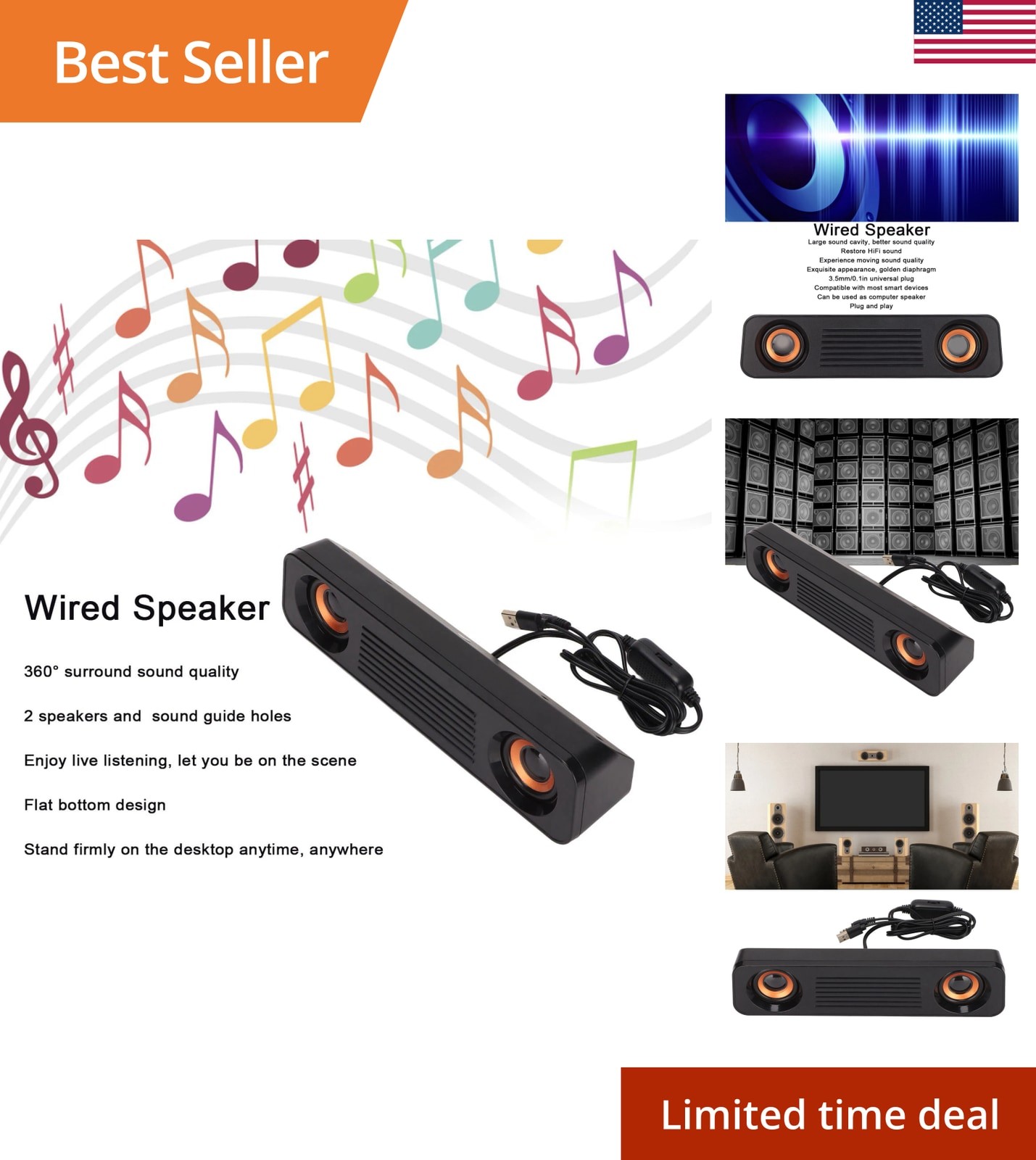 Computer Speaker Wired Speaker HiFi Stereo Subwoofer USB Powered 3.5MM Plug