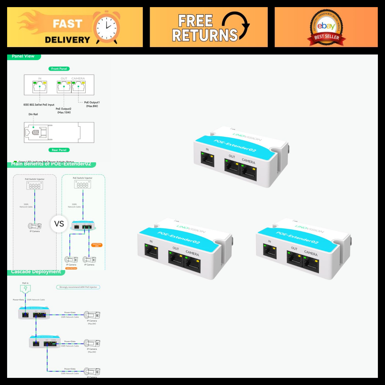 Mini 2 Port PoE Extender Repeater - Extend Power & Data Up to 1000ft