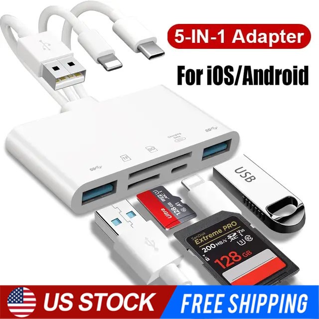 5 in 1 Memory Card Reader USB 3.0 OTG Adapter SD Card Reader For iPhone/iPad LOT