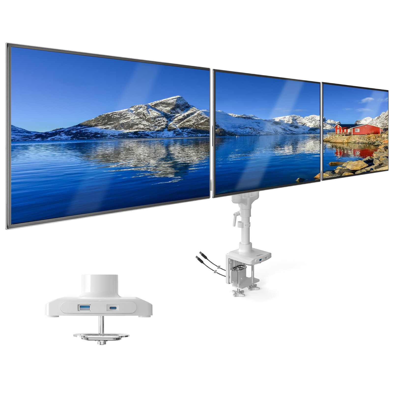 Triple Monitor Mount, 3 Monitor Desk Mount, Gas Spring Arms, Fits 13–27" Screens