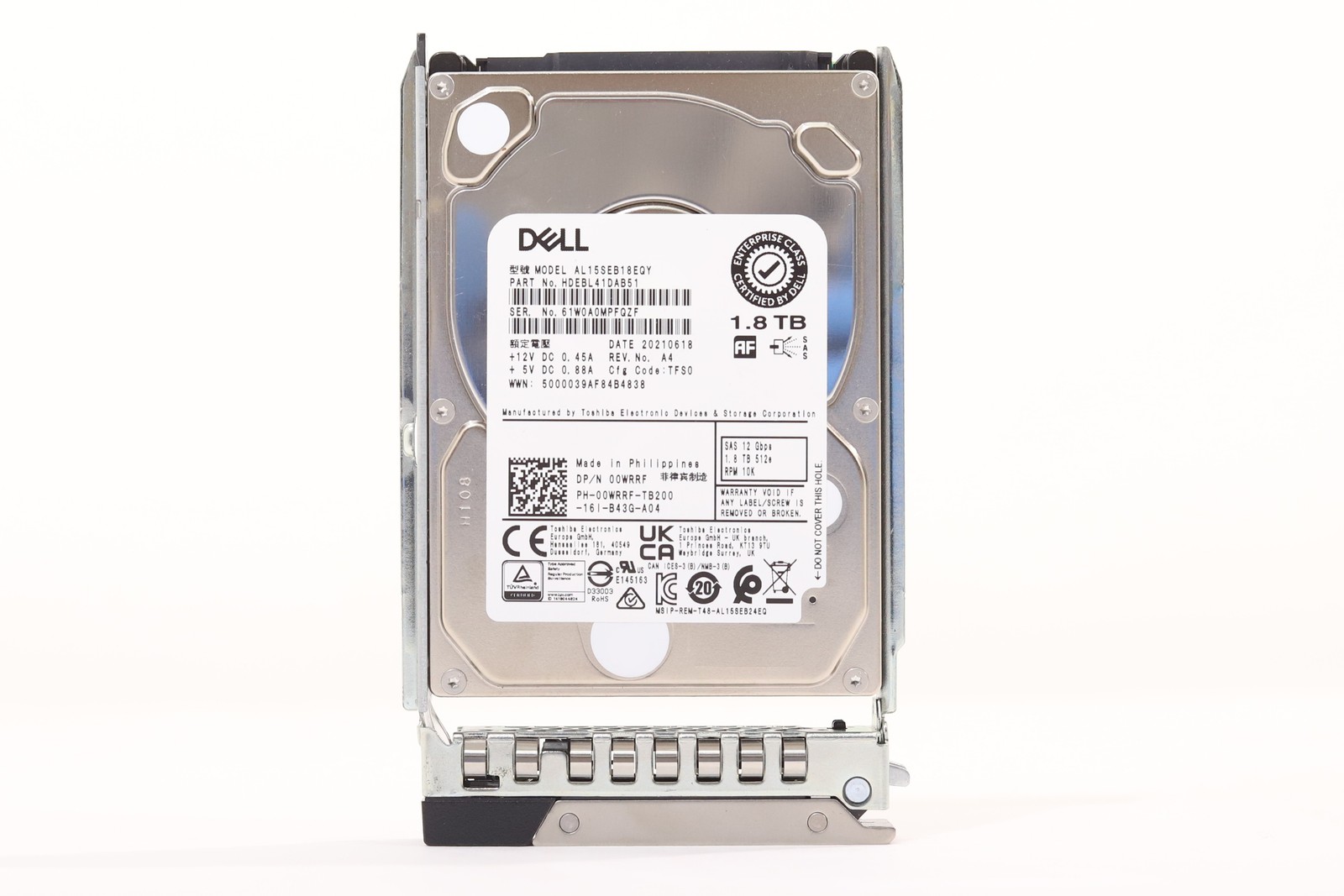 Dell AL15SEB18EQY 1.8TB 2.5" 12Gb/s 128MB SAS HDD W/Caddy Dell P/N:00WRRF Tested