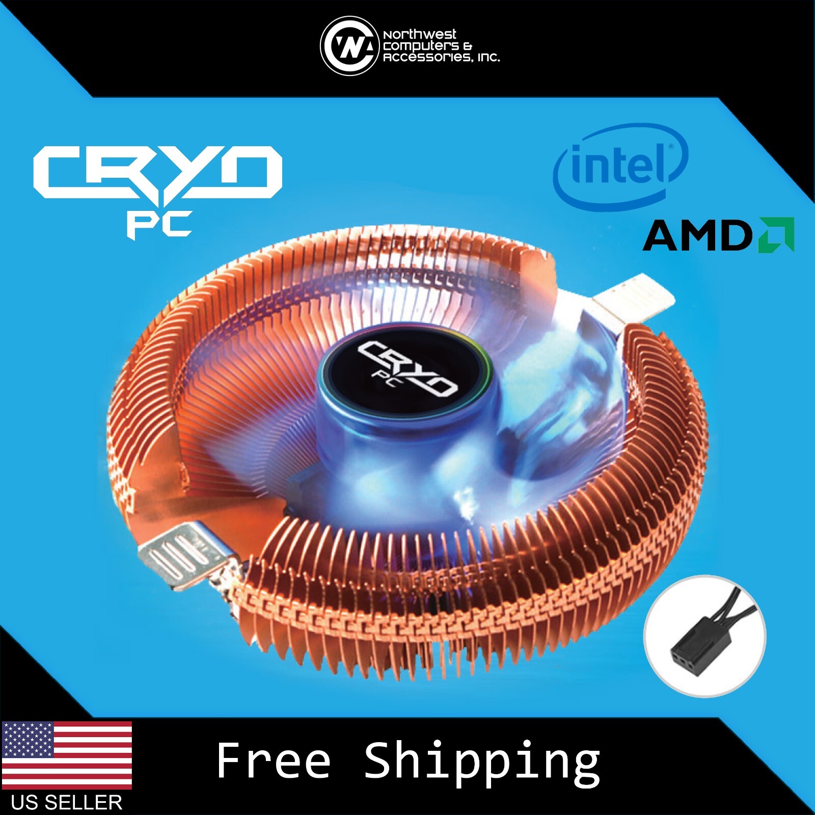 Cryo-PC Low-Profile Copper CPU Cooler Heatsink with Blue 90mm Fan for AMD Intel