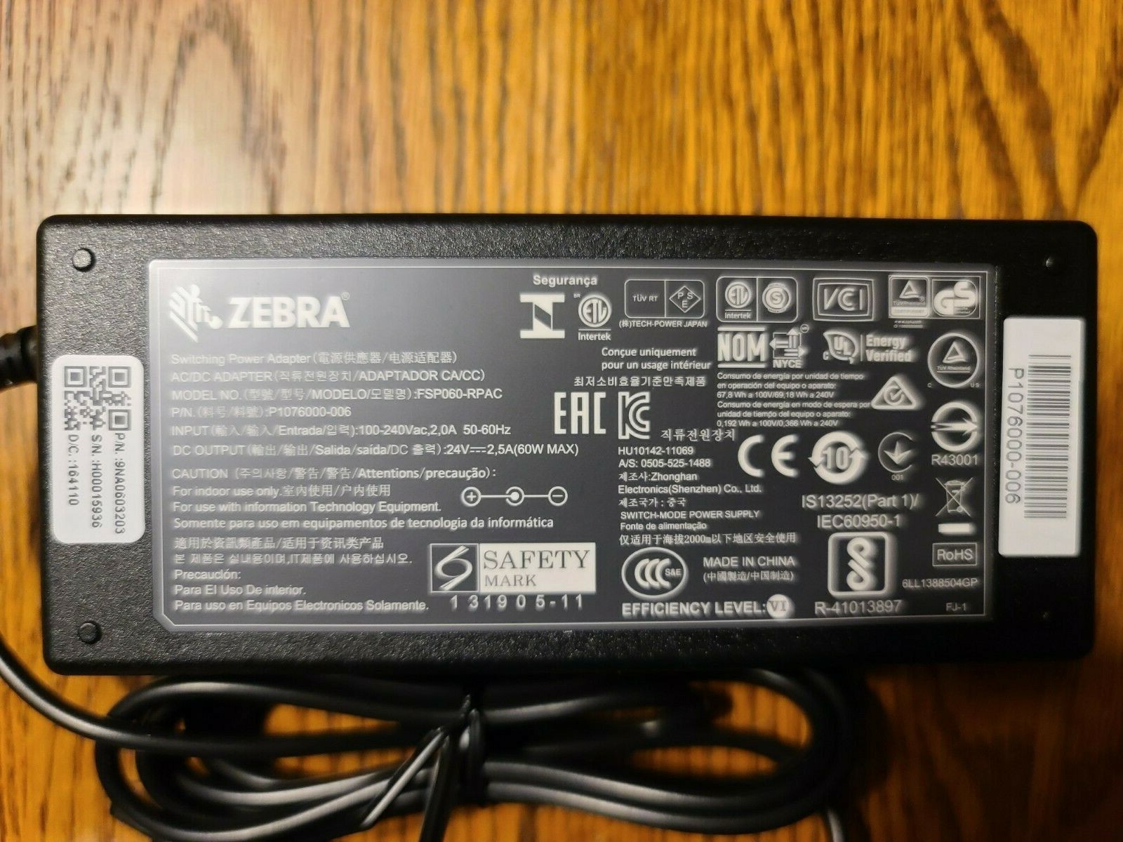 Zebra Adapter FSP060-RPAC, P1076000-006 24V, 2.5A, 60W & Power cord Genuine OEM 