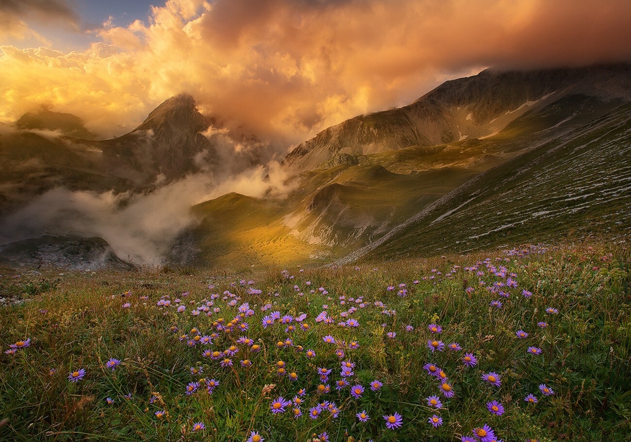 Landscape mountains sunset clouds flowers valley spring Custom Gaming Mat Desk