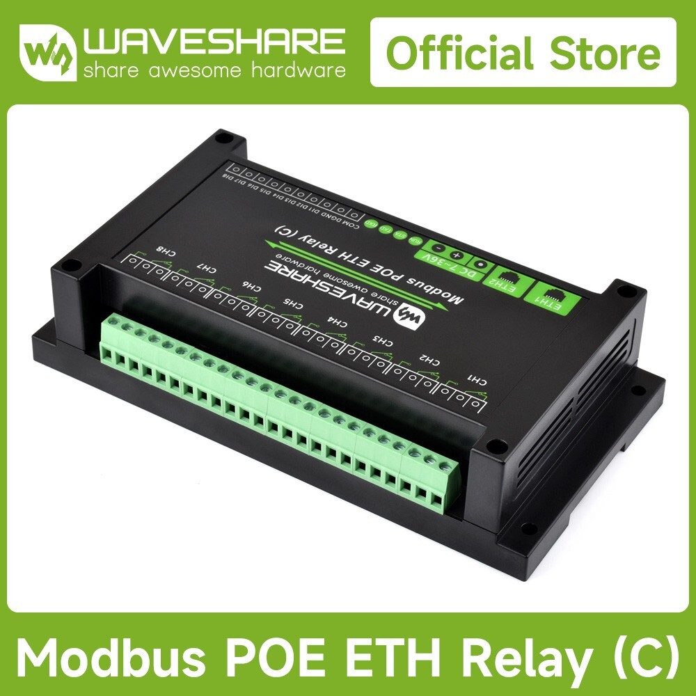 Waveshare Dual Ethernet Ports 8-ch Relay Module C Modbus RTU Protocol PoE Power