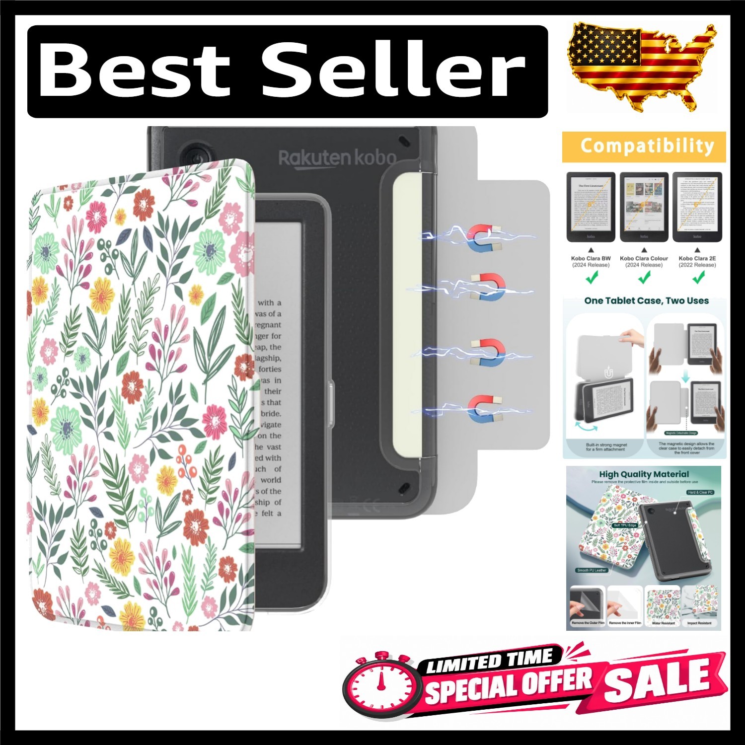 E NET-CASE Detachable Magnetic Case for 6" Kobo Clara Colour (2024) /Clara BW...
