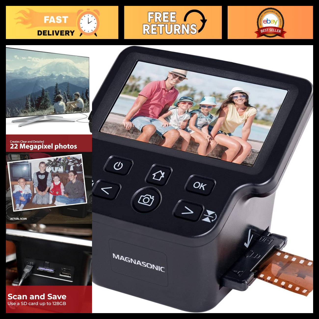 24MP Film Scanner with 5" Display & HDMI - Converts 35mm/126/110/Super 8 to Digi