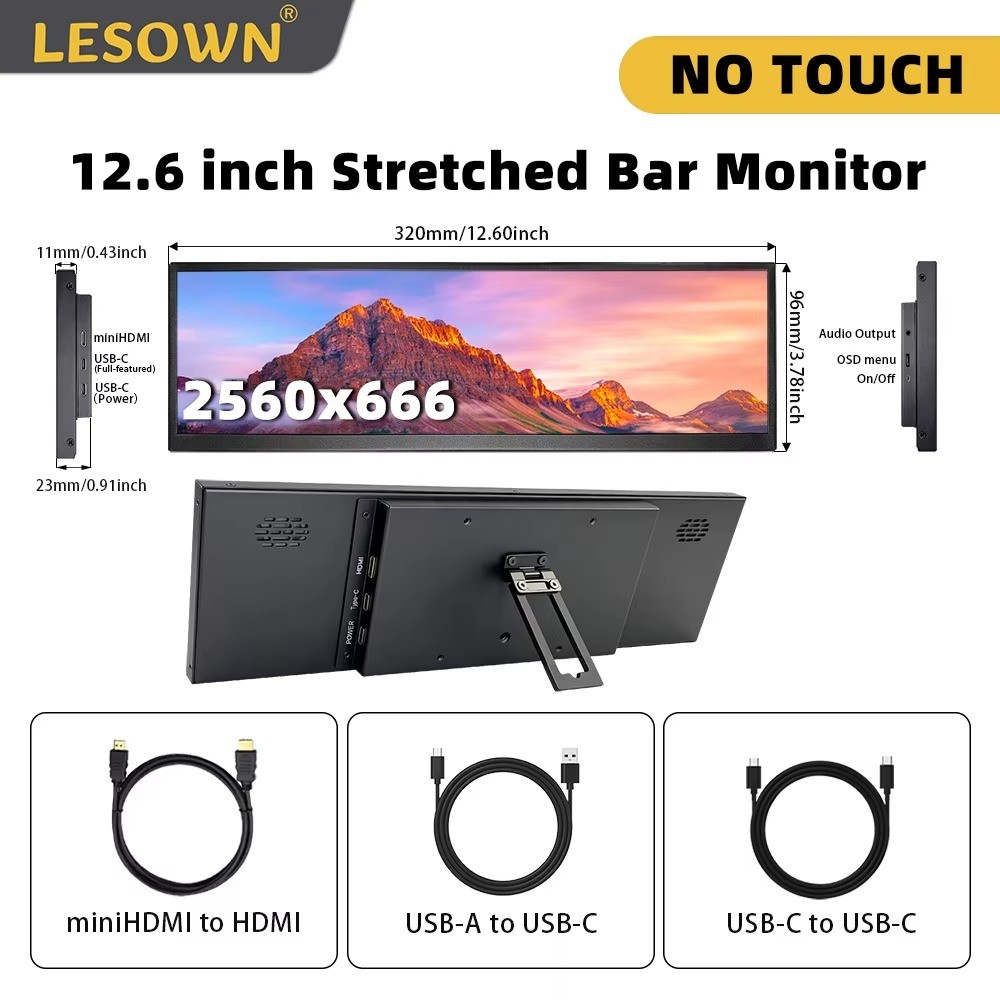 LESOWN Ultra Wide Stretched Bar Monitor 1920x480 IPS 8.8/12.6in Touch Screen