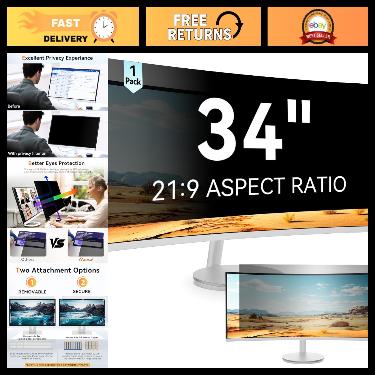 34" Curved Privacy Screen Filter for 21:9 Monitor - Anti-Glare, Blue Light Block