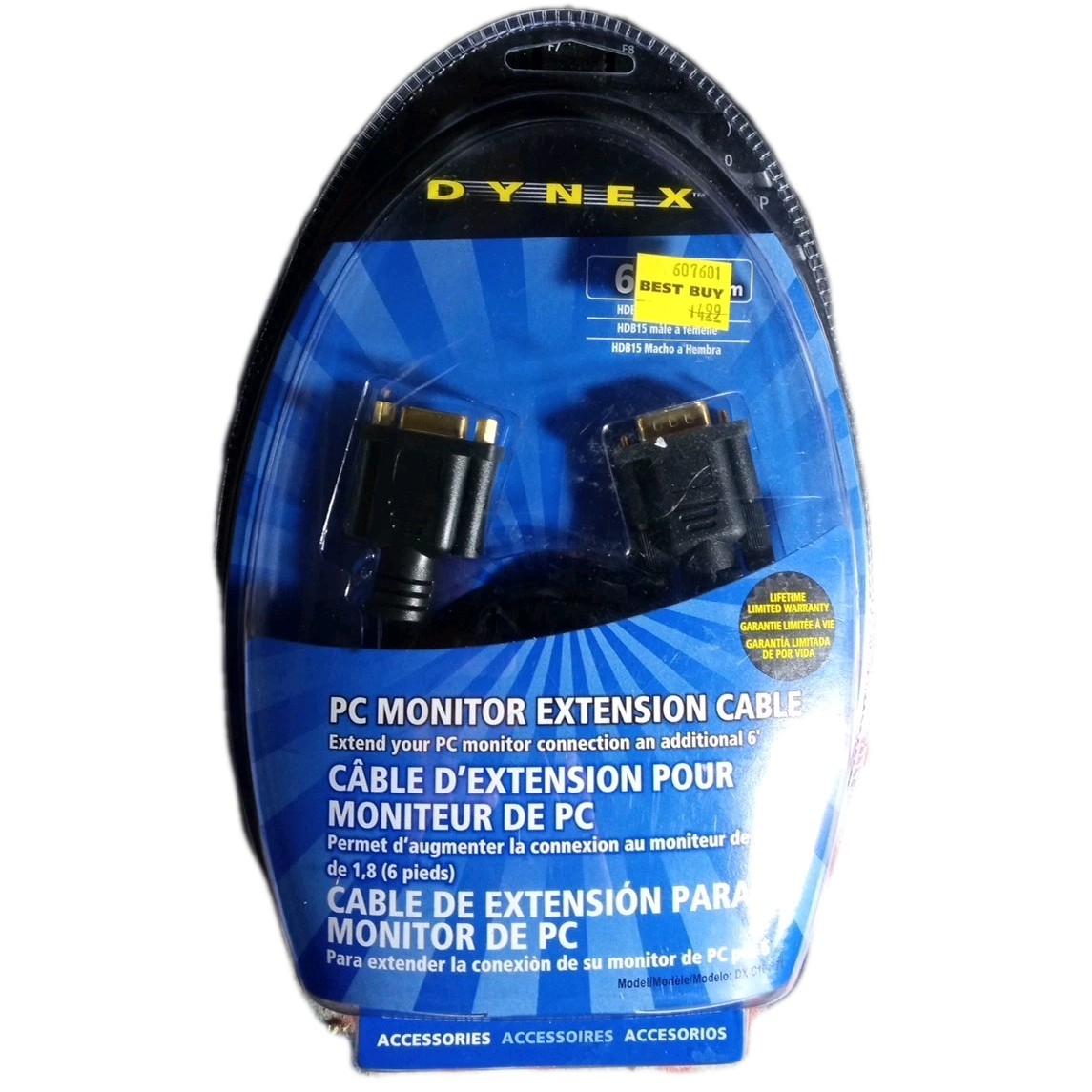 Dynex VGA DB15 PC Monitor Extension Cable Male to Female 6 ft/1.8 m NEW OS