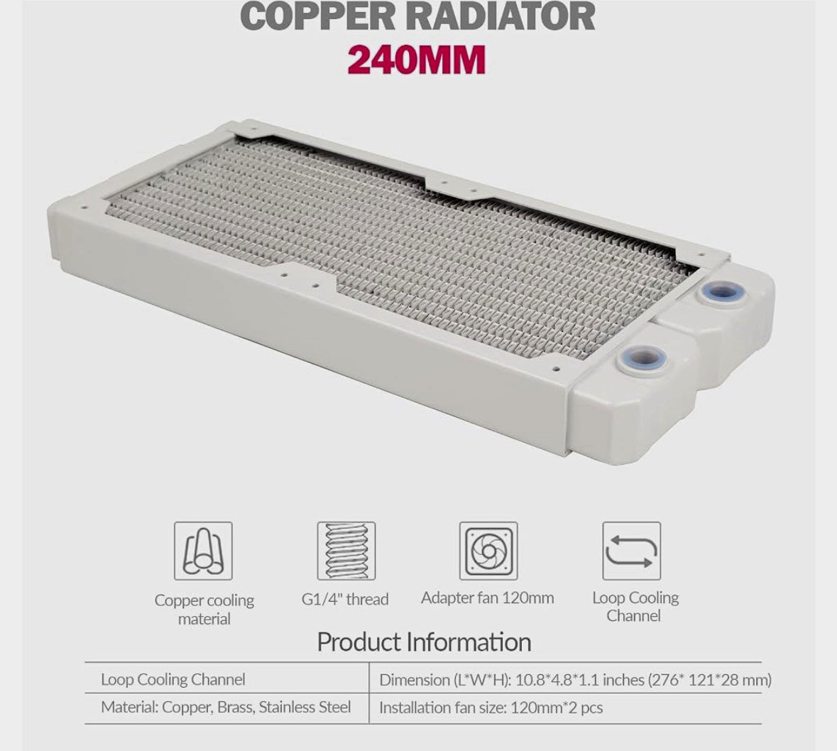 Dracaena.io 240mm Copper Water Cooling Radiator, 29mm, 2 G1/4 Ports, White