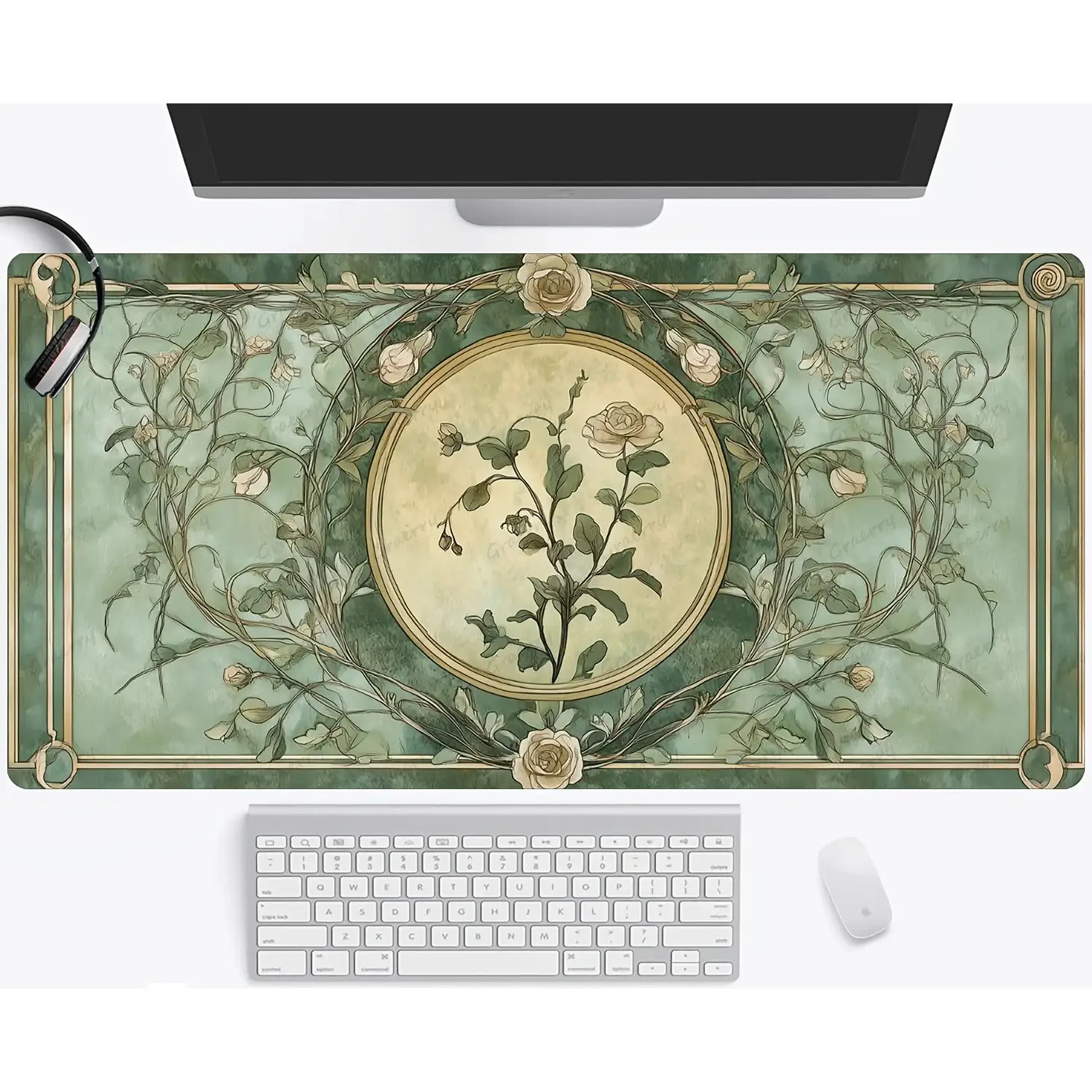 1pc Large Gaming Table Mat And Keyboard Mouse Pad, Elegant Greenery Floral Cou