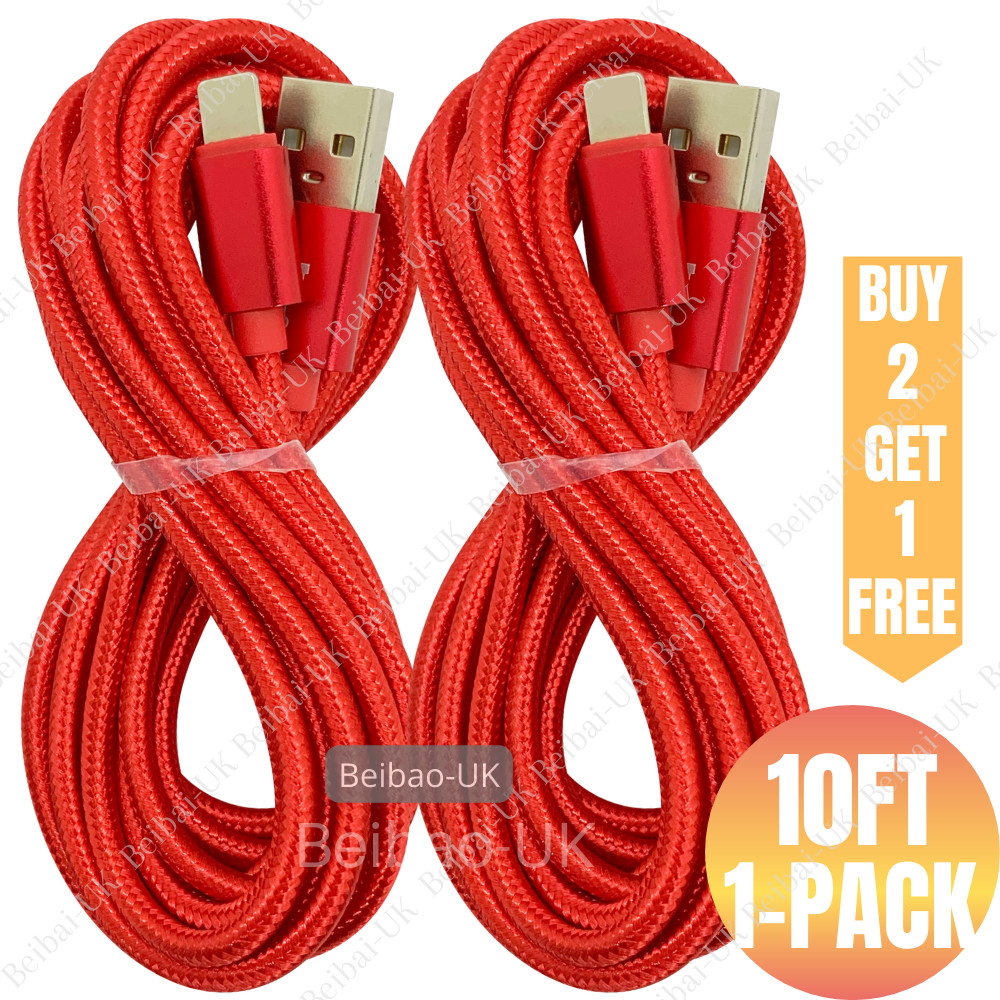 10Ft USB Cable Braided For Apple iPhone 11 X 8 7 iPad Charger Charging Data Cord