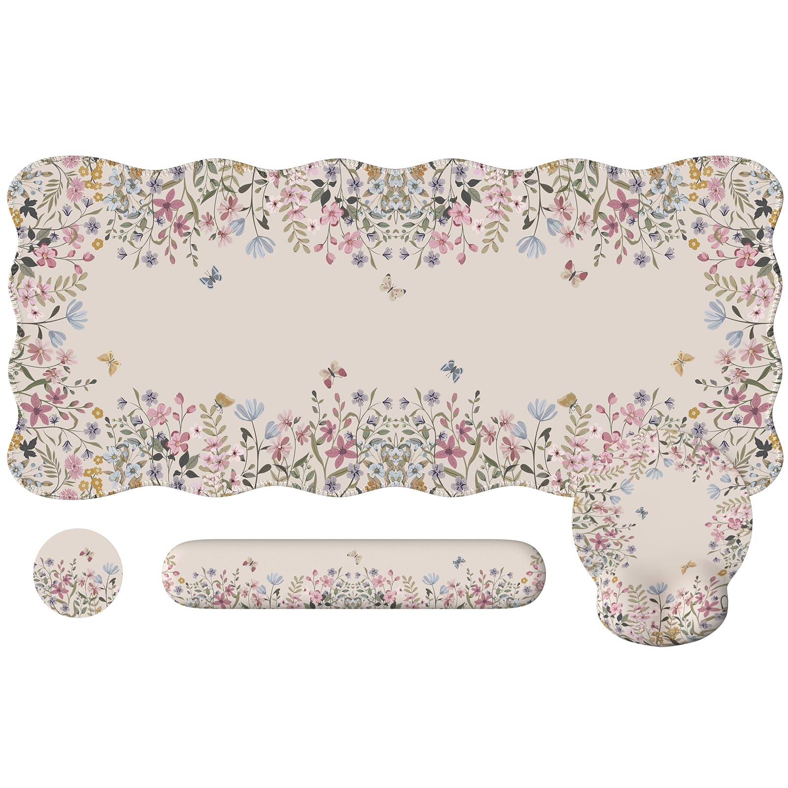 Beige Floral Desk Mat Set Large Mouse Pad Ergonomic Keyboard Wrist Rest Edge