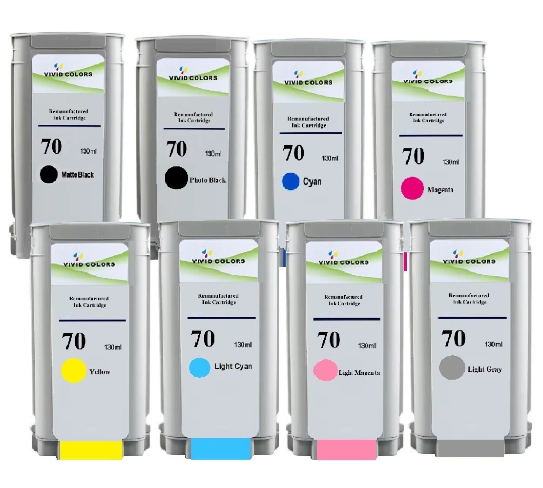 A Set 8 Colors 70 Reman ink cartridge For HP DesignJet Z2100 Z5200 Z3200 Z5400