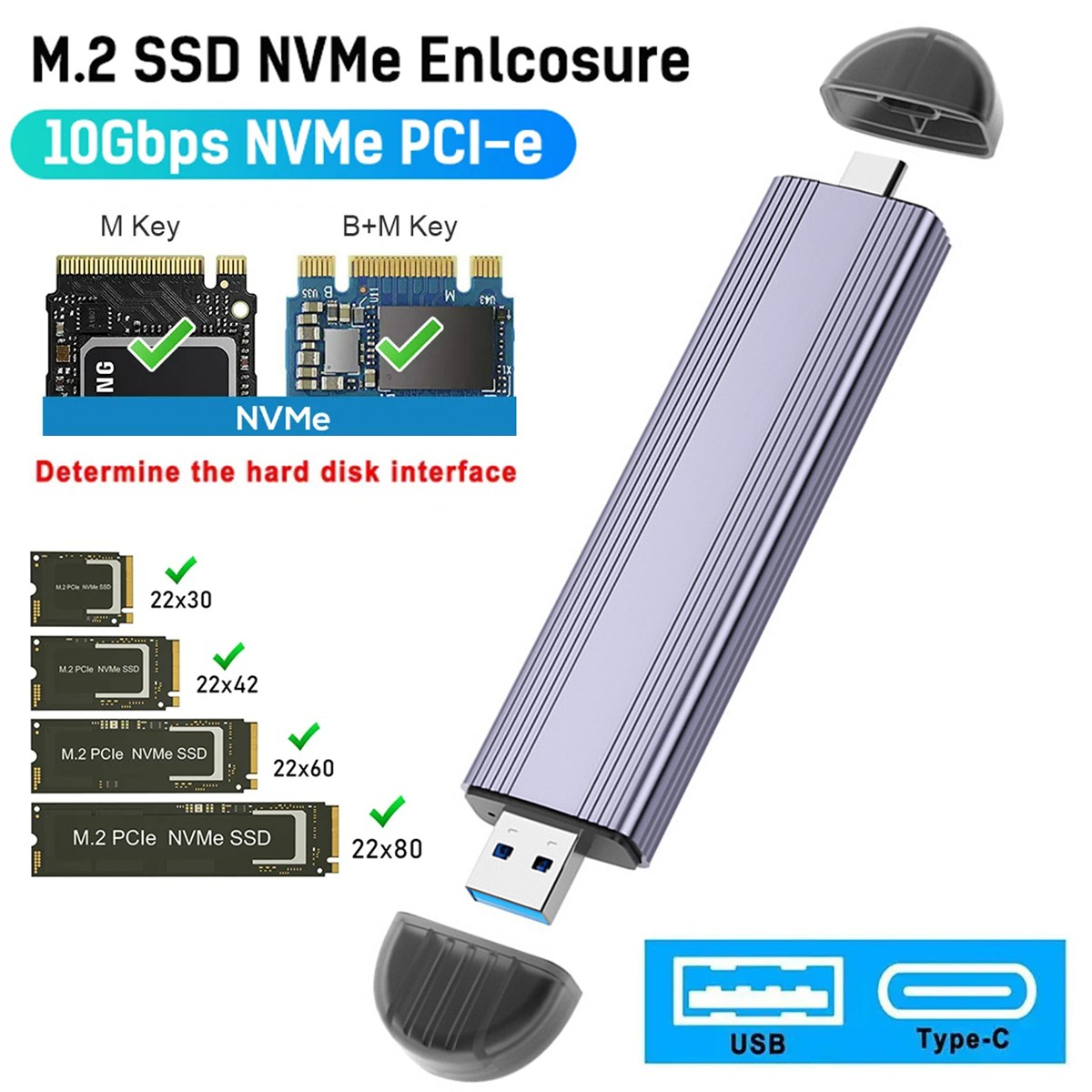 M.2 NVMe Case SSD To USB 3.1 +Type C 3.0 External Hard Drive Enclosure Converter