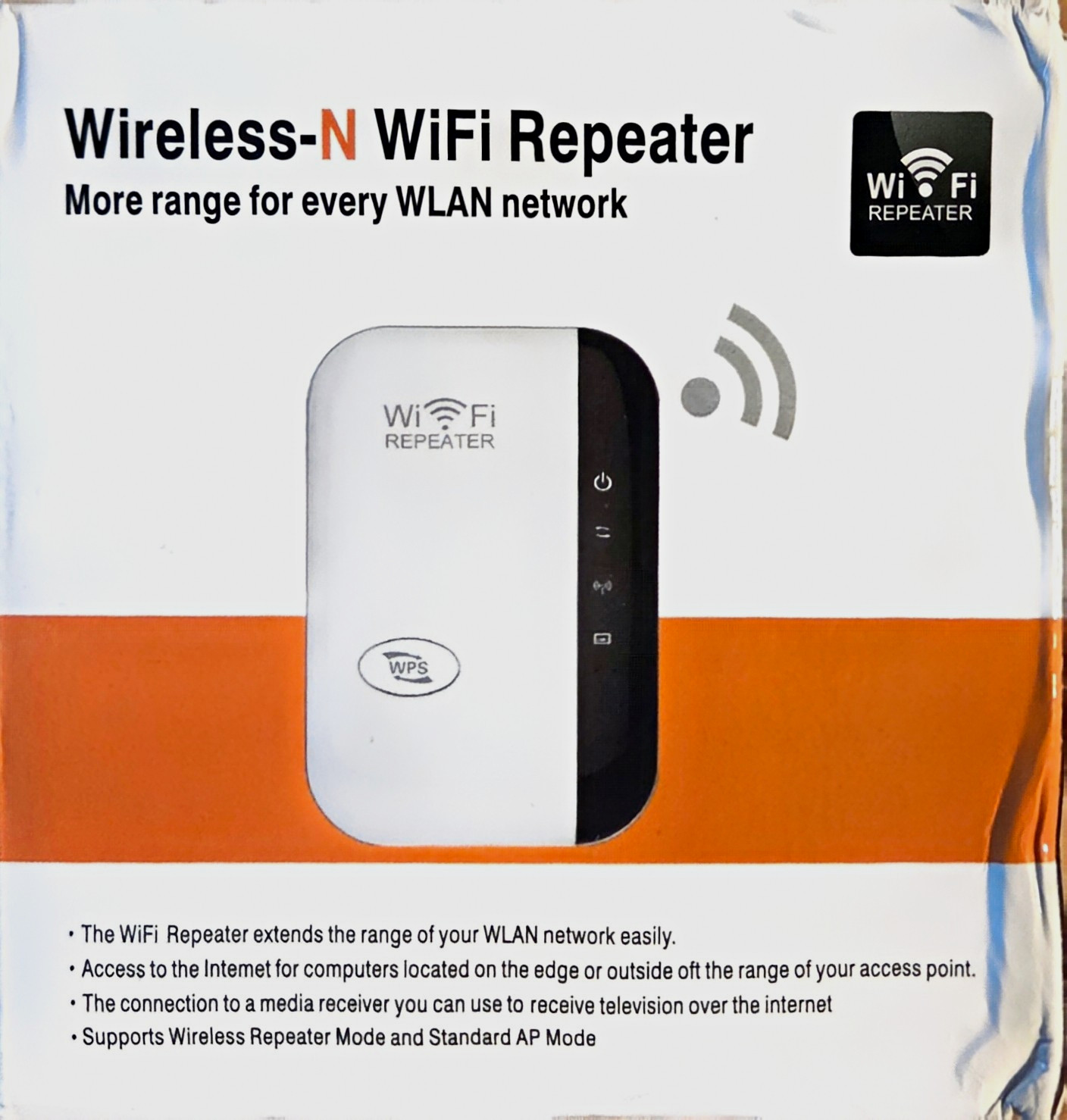 Wireless-N WiFi Repeater Range Extender 300Mbps 2.4GHz WPS RJ-45 White/Black