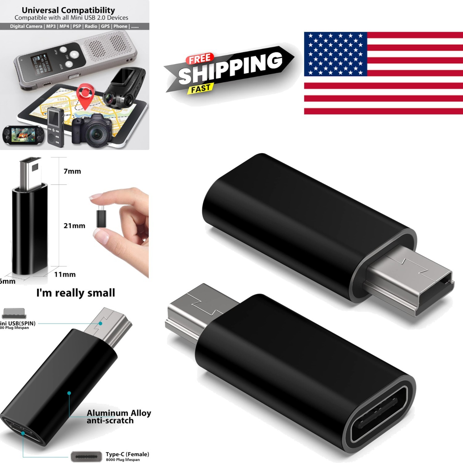 USB C to Mini USB Charging Adapter Compatible with Dash Cam and Cameras