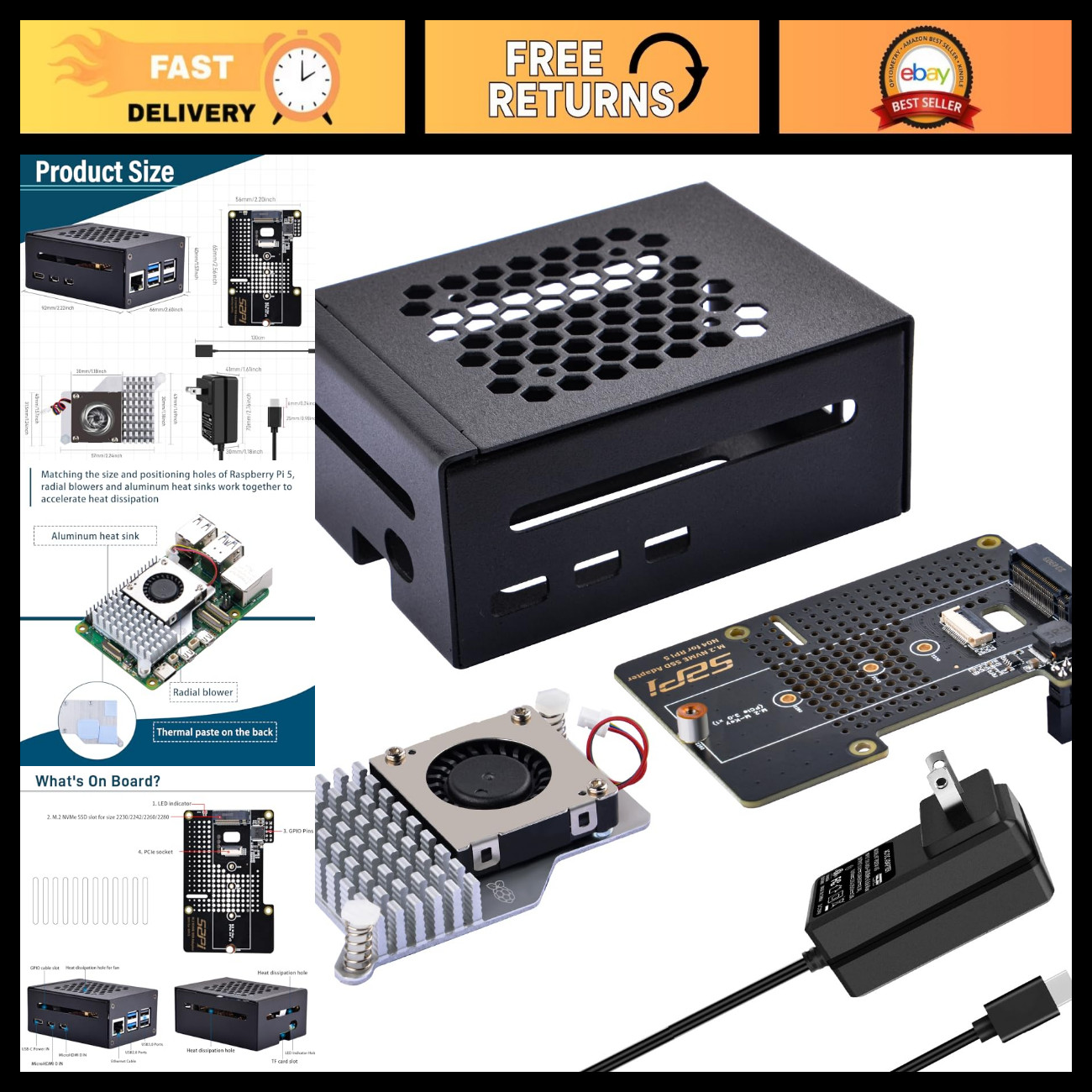 Metal Case for Raspberry Pi 5, Active Cooler, M.2 NVMe SSD Board & 27W USB-C Pow