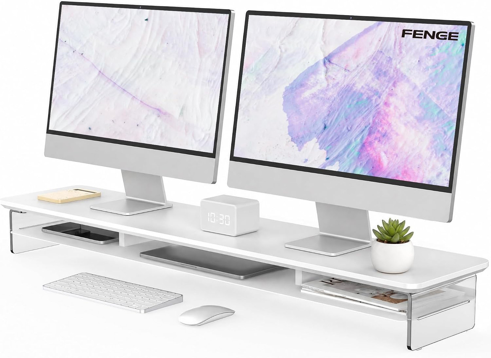 42.5 Inch Acrylic Dual Monitor Stand with Steel Layer Storage White Modern