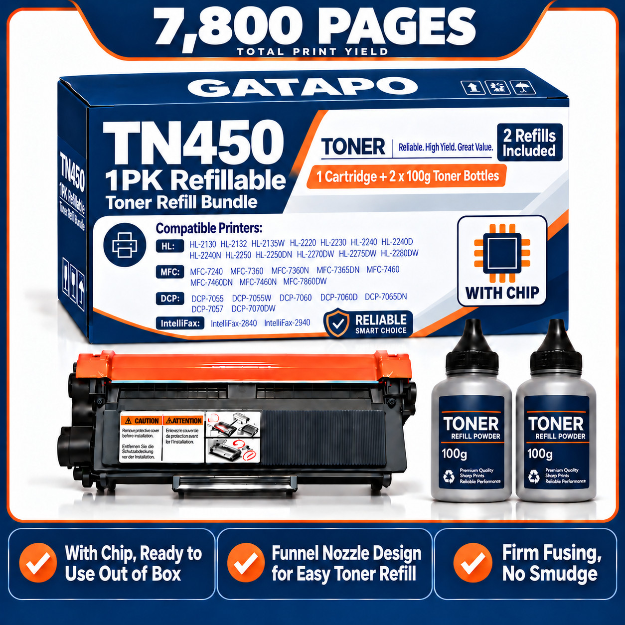 Compatible TN450 Toner Cartridge Refillable w/2 Bottles for Brother MFC‑7365DN 