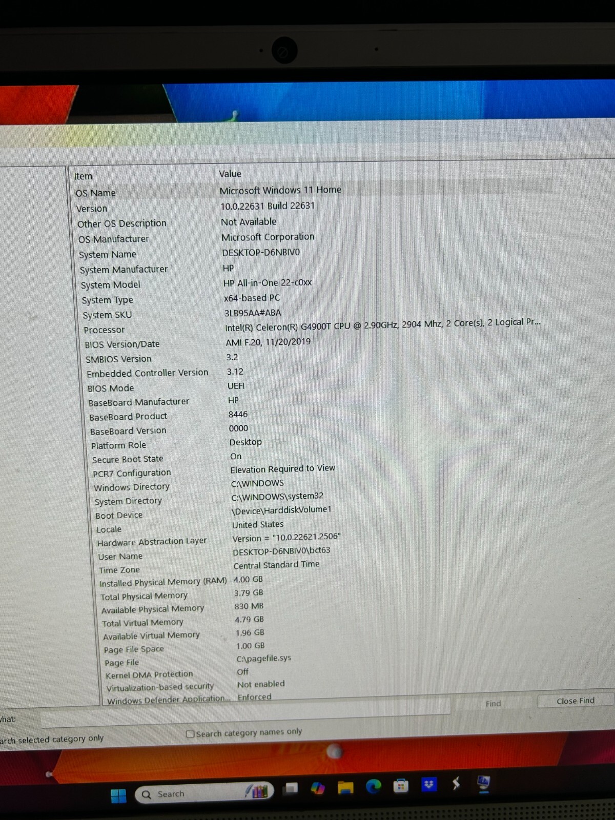 hp all in one computer Windows 11, Intel Celeron G4900t 2.9 GHZ 2 cores, 4GB RAM
