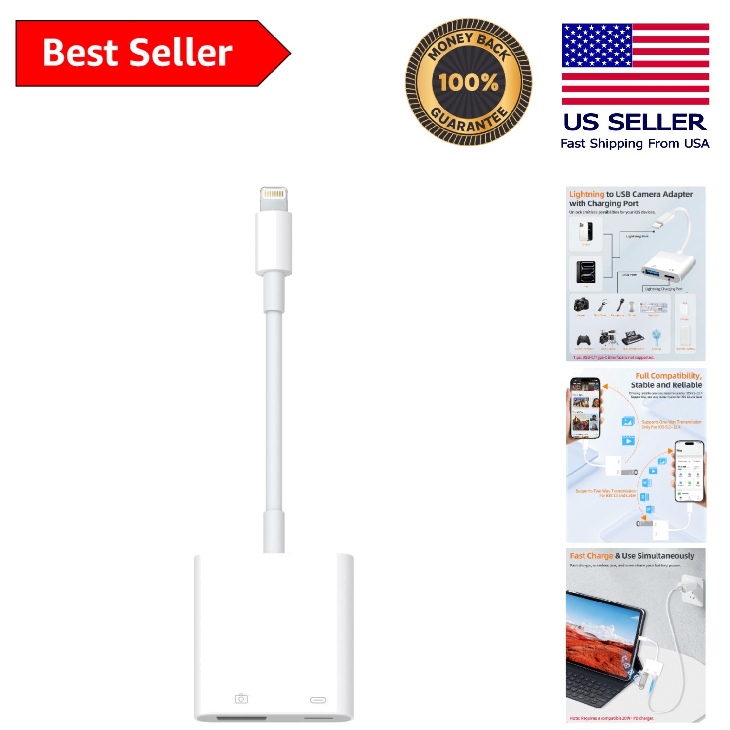 Versatile Lightning to USB Camera Adapter - Effortless Data Transfer & Charging
