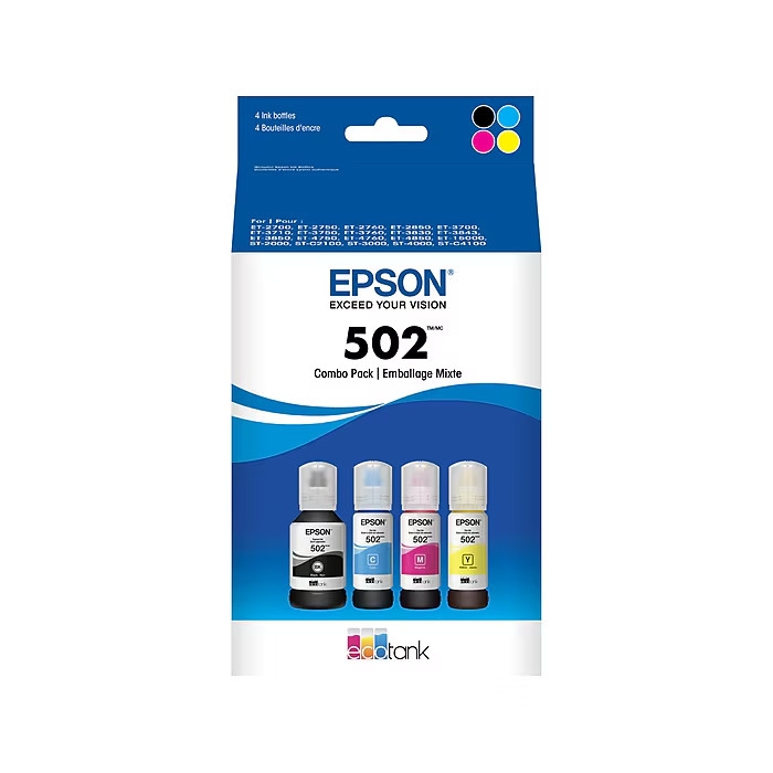 EPSON 502 EcoTank Ink Ultra-high Capacity Bottle 4 Color Combo Pack BK/C/Y/M
