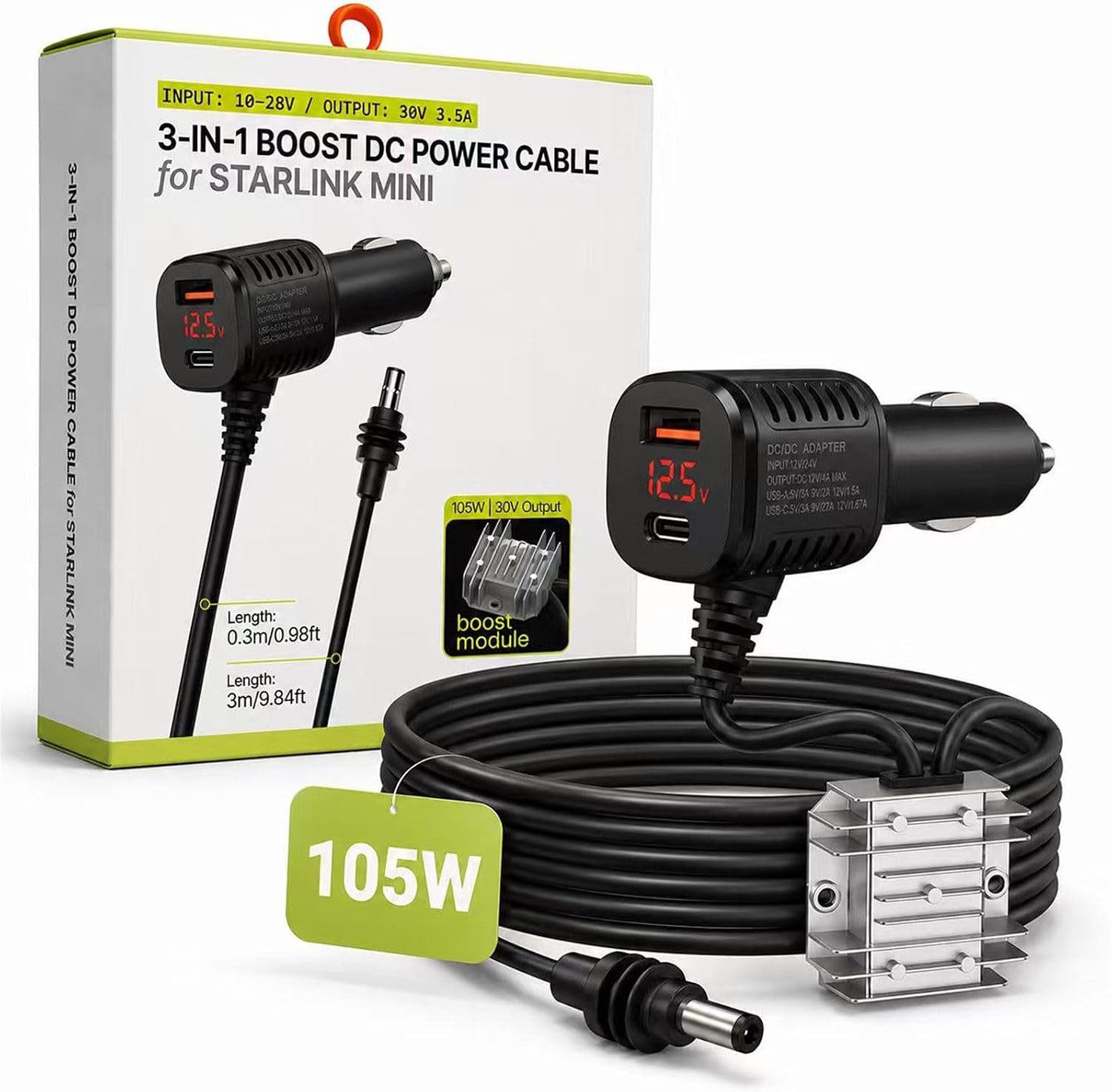 105W Car Adapter Compatible with Starlink Mini, 12V-24V to 30V DC Power Cable wi